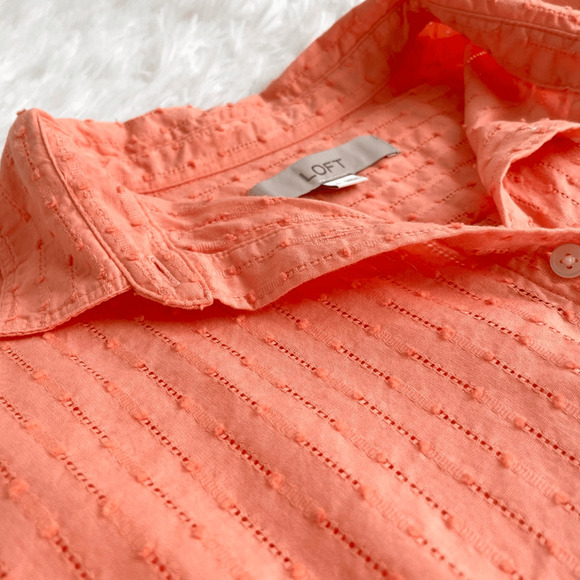 Loft Dobby Relaxed Orange Button Front Swiss Dot Long Sleeve Shirt Women’s Small - Picture 4 of 8